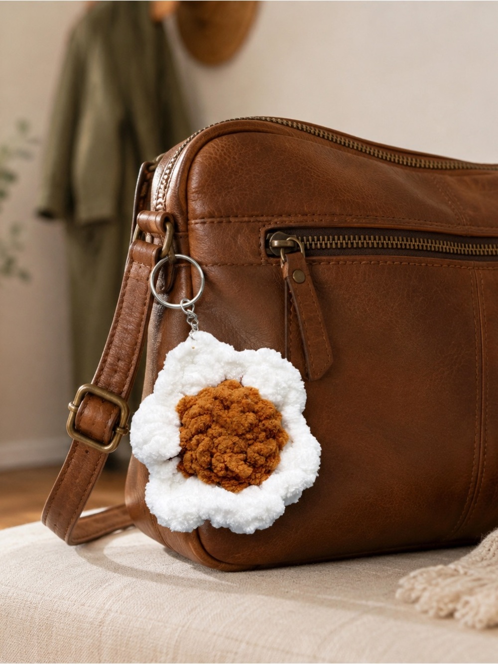 Handmade Crochet Flower Keychain – White & Rust Gold Bag Charm